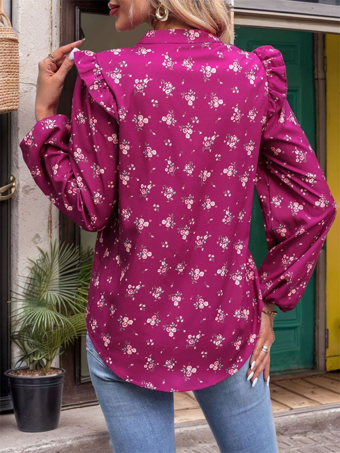 Ruffled Printed Notched Long Sleeve Blouse.