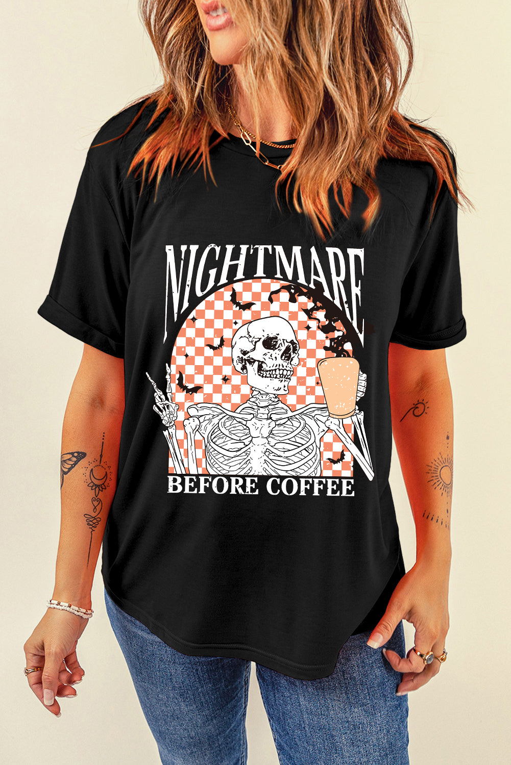 Chilling skull and checkerboard Halloween graphic tee