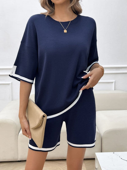 Contrast Trim Round Neck Top and Shorts Set.