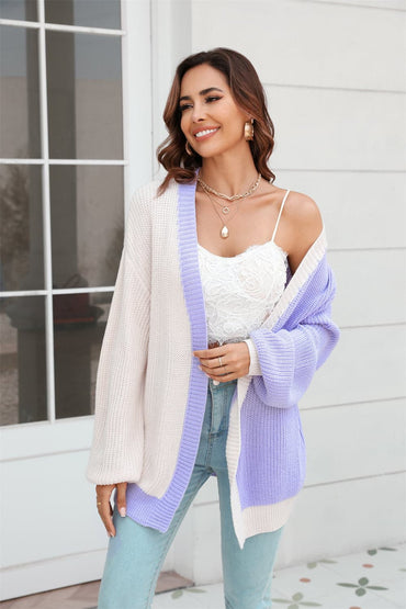 Open Front Contrast Color Balloon Sleeve Cardigan.