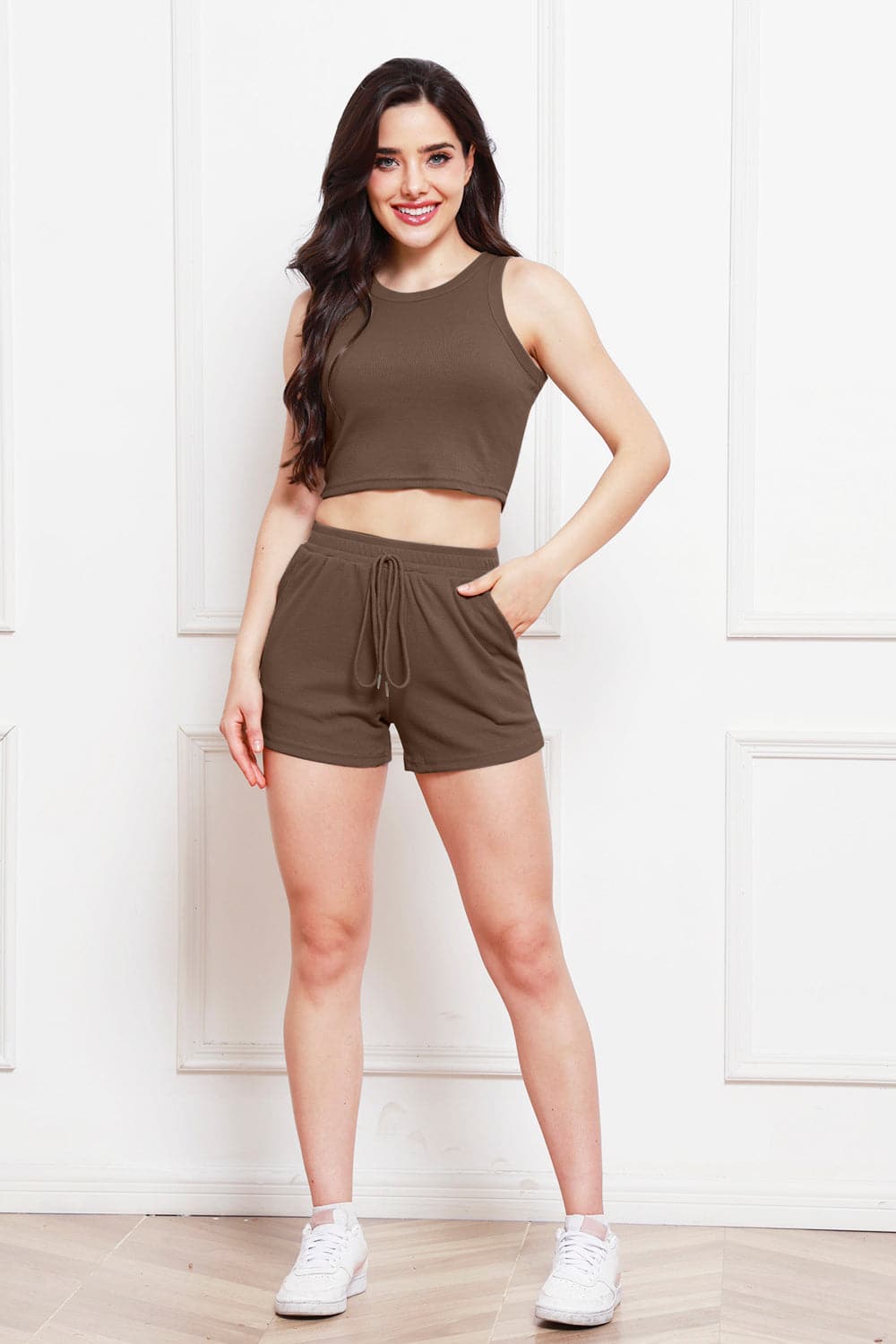 Round Neck Tank and Drawstring Shorts Set.