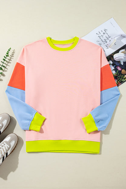 Light pink plus size colorblock patchwork sweatshirt for stylish comfort