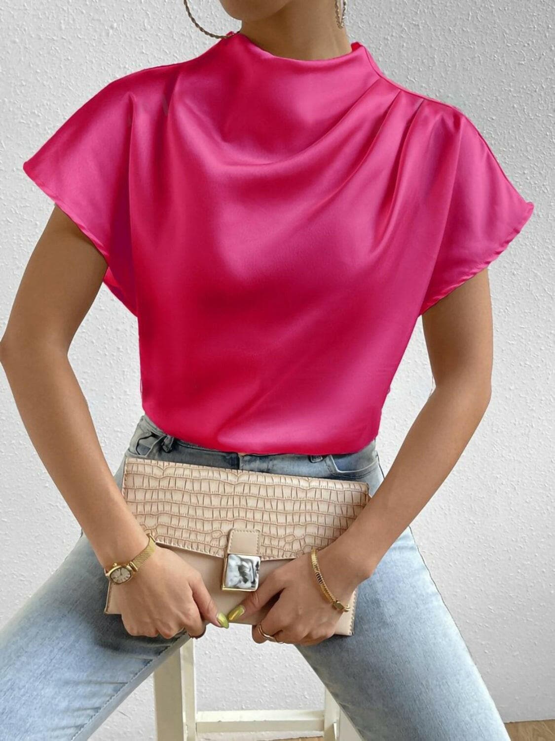 Ruched Mock Neck Short Sleeve Blouse.