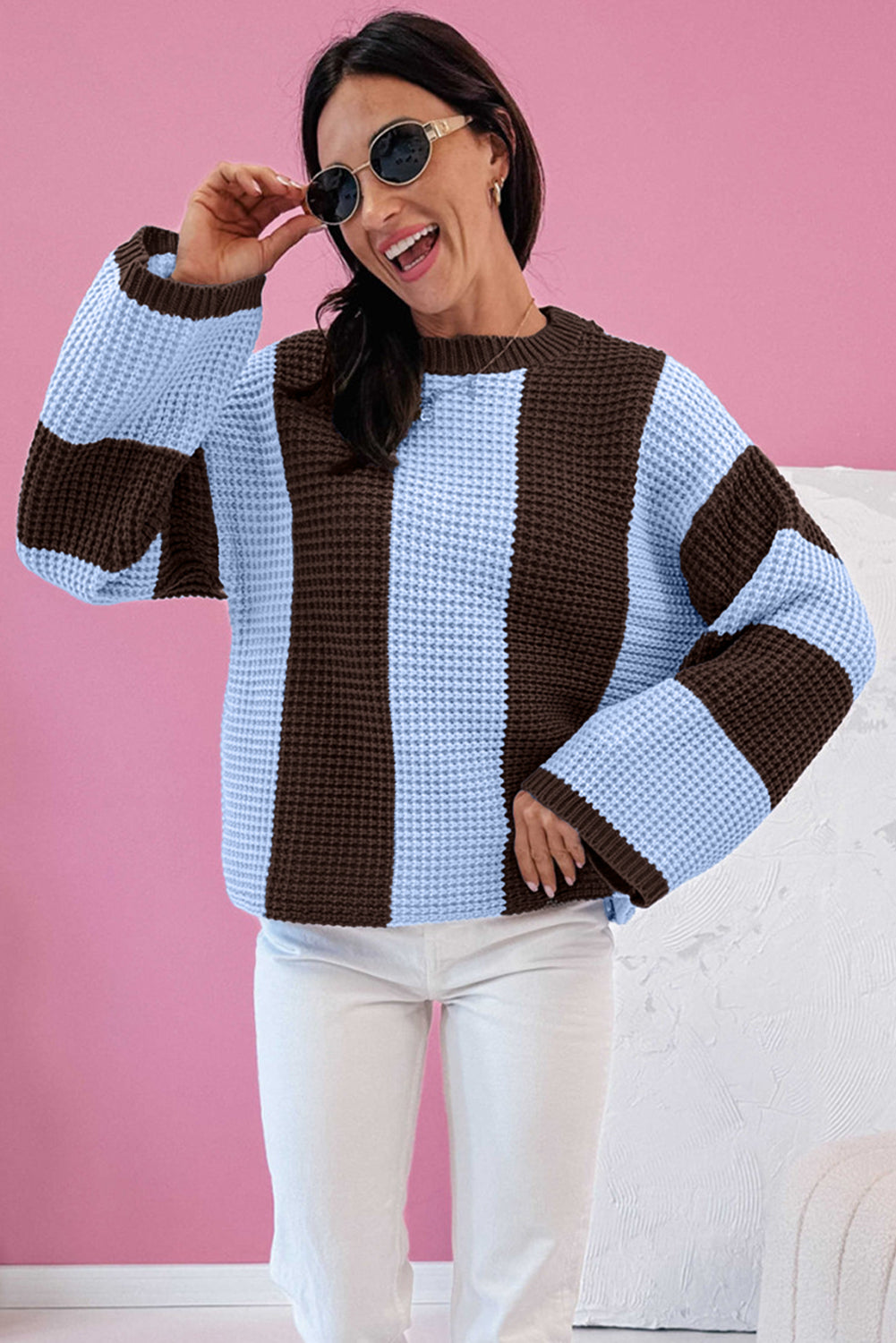 Myosotis Striped Color Block Thermal Textured Knit Drop Shoulder Sweater Dear-Lover Dropshipping