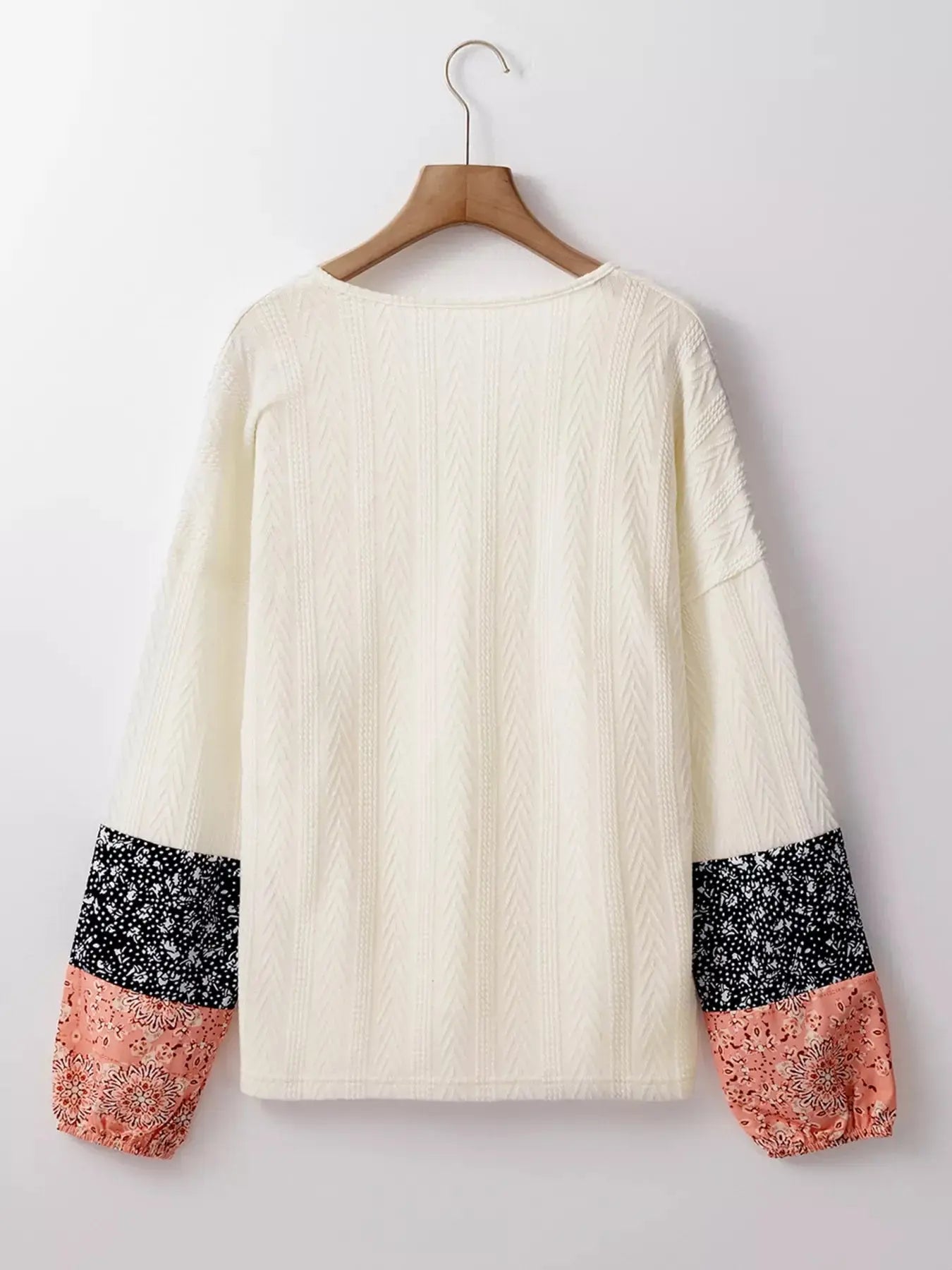 Floral Patchwork Textured Knit Drawstring V Neck Blouse Simply Love