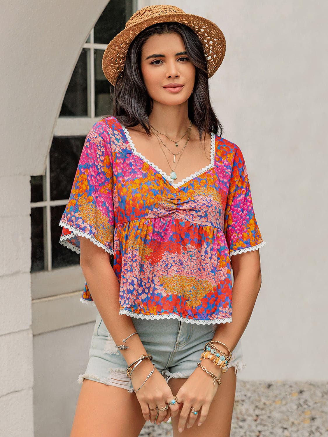 Ruched Printed Half Sleeve Blouse.