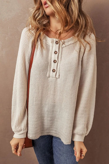 Waffle-Knit Long Sleeve Half Button Top with Round Neck