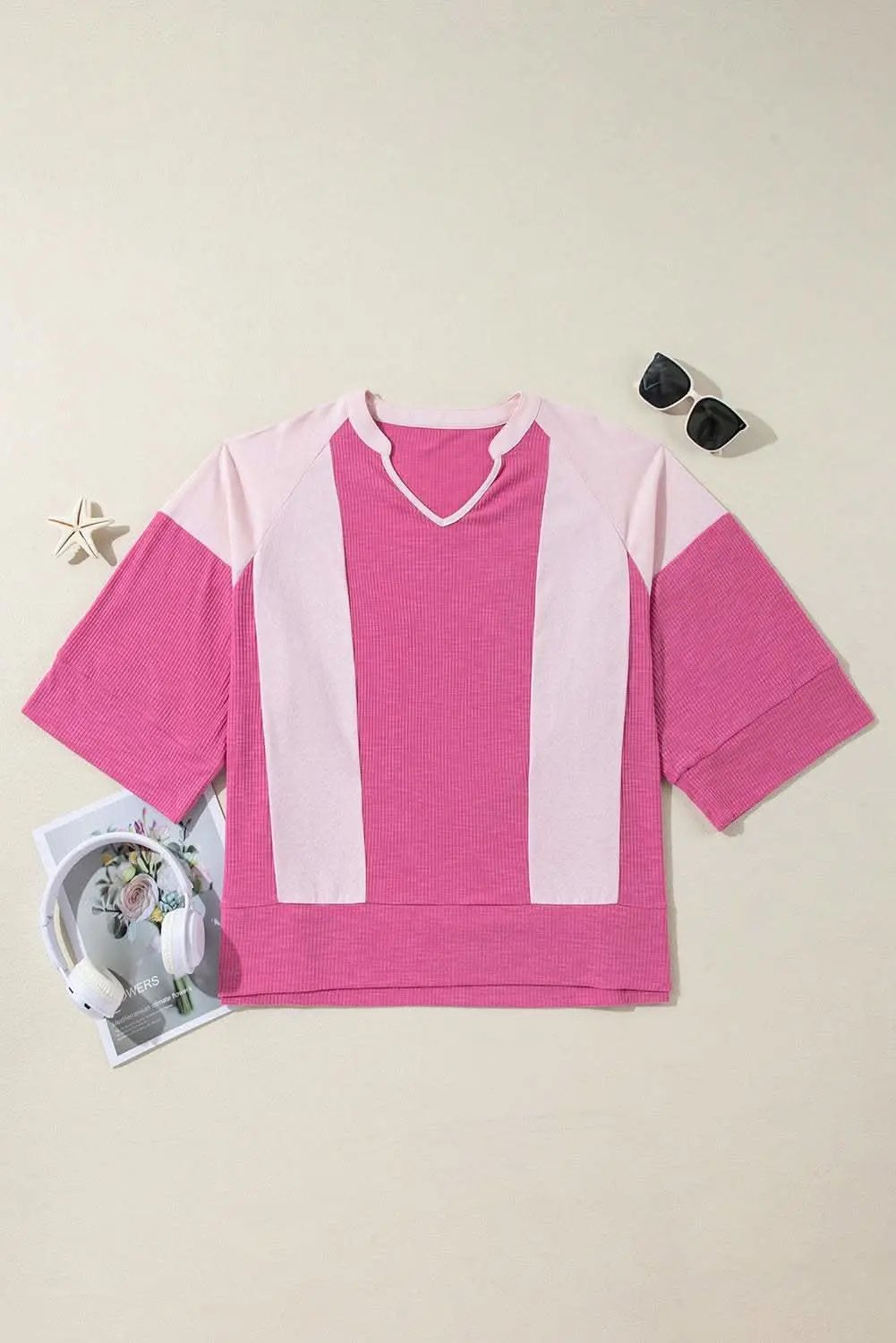 Bright Pink Textured Colorblock 3/4 Sleeve Oversize Top - Love Salve 