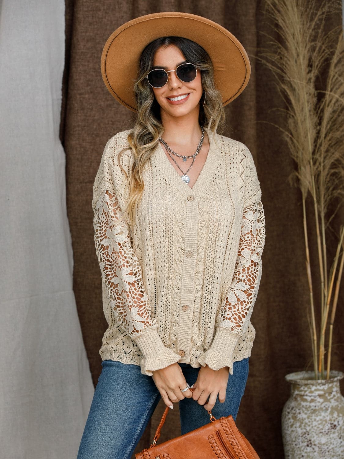 Eyelet Button Up Lantern Sleeve Cardigan.