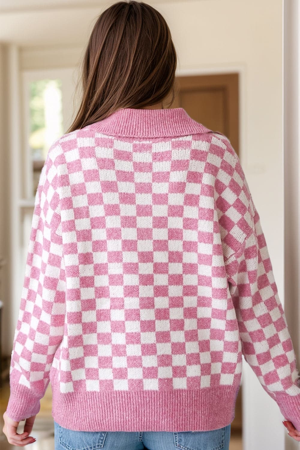 Checkered Collared Neck Dropped Shoulder Sweater.