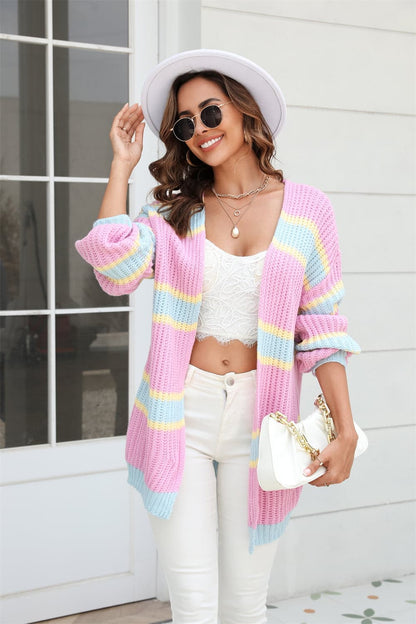 Color Block Ribbed Dropped Shoulder Open Front Cardigan.