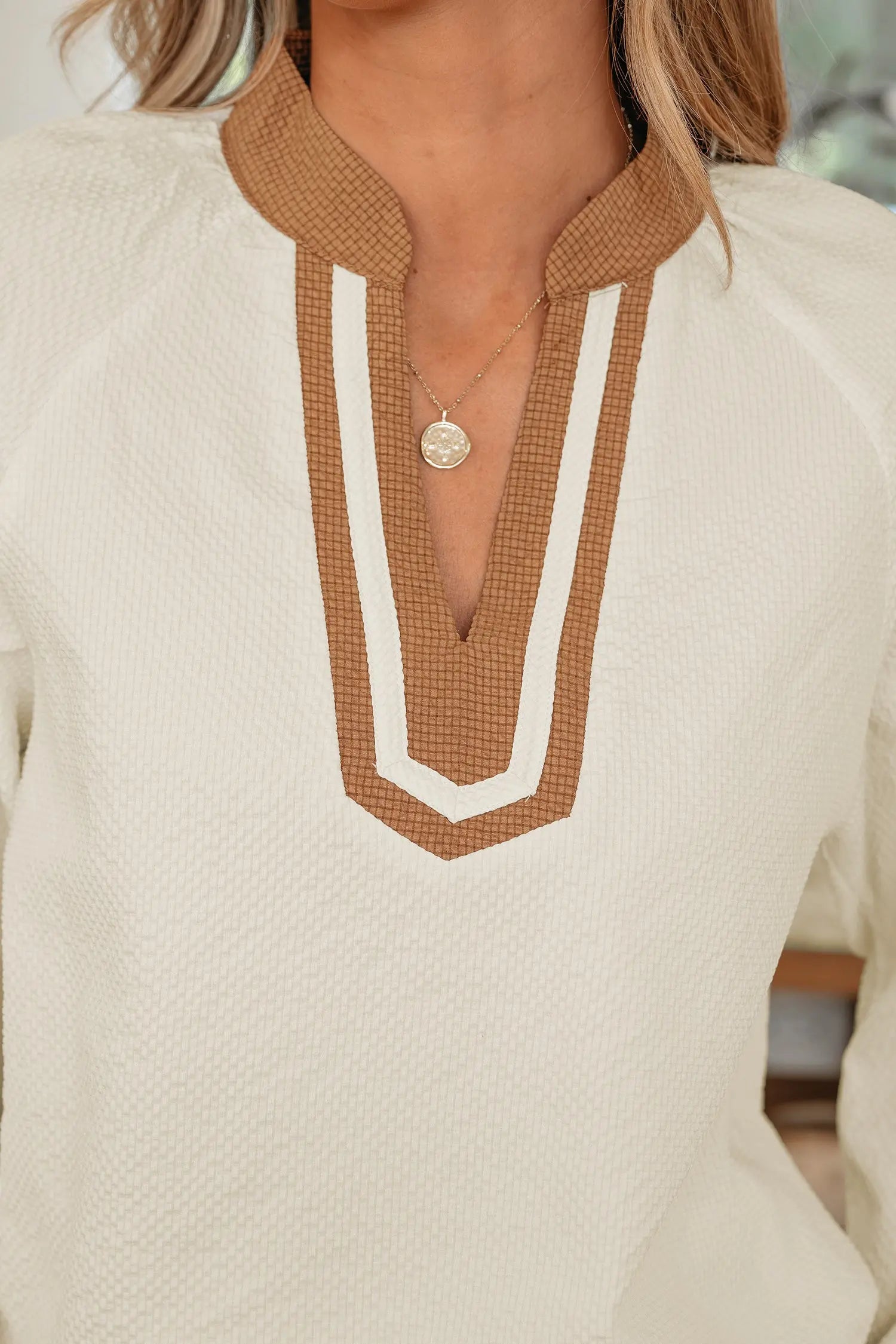 Jet Stream Color Block Patchwork V Neck Textured Long Sleeve Blouse Dear-Lover Dropshipping