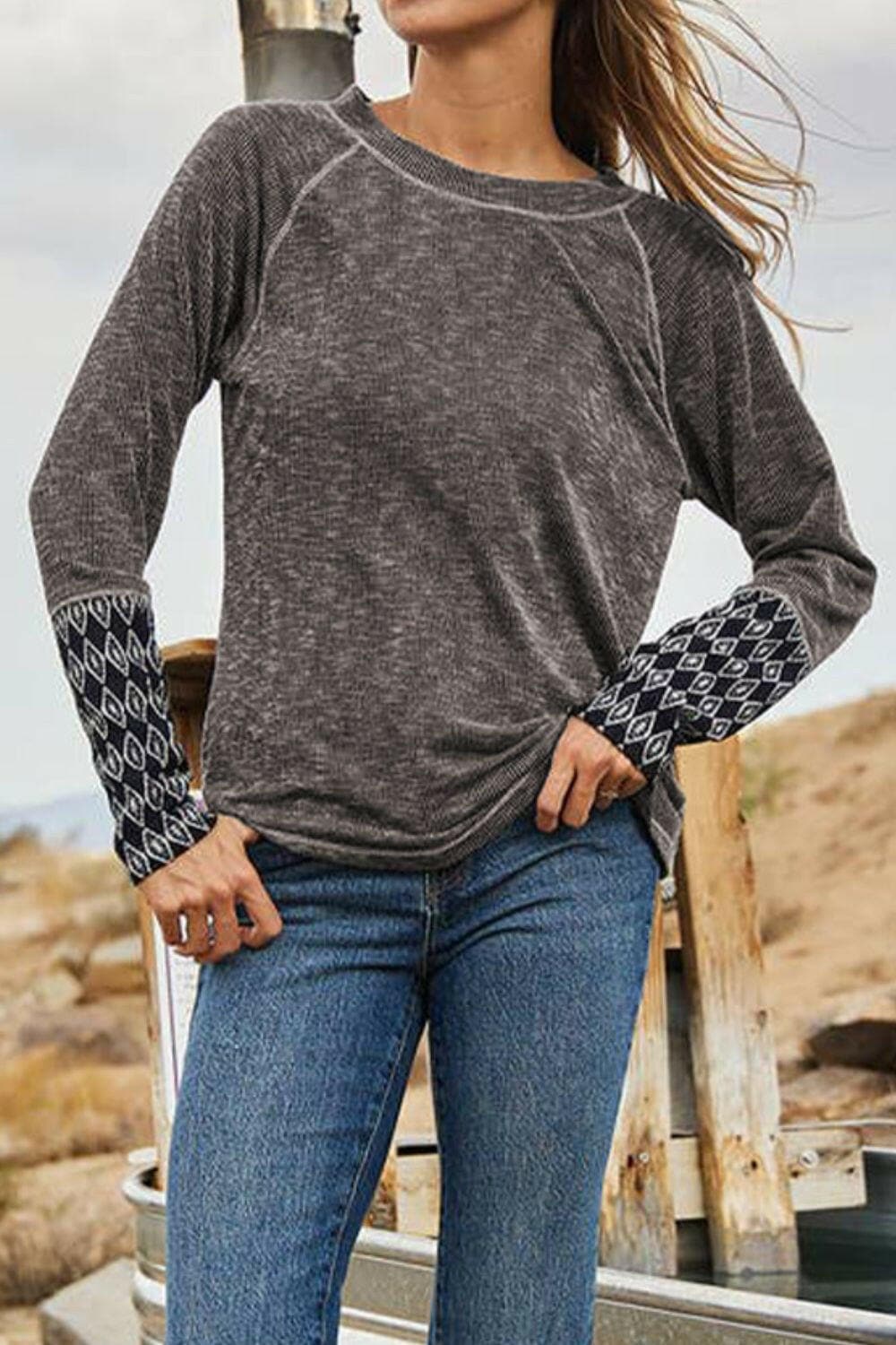 Geometric Round Neck Long Sleeve Top.