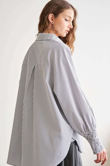 Trendy High-Low Striped Button-Up Shirt with Smocked Lantern Sleeves