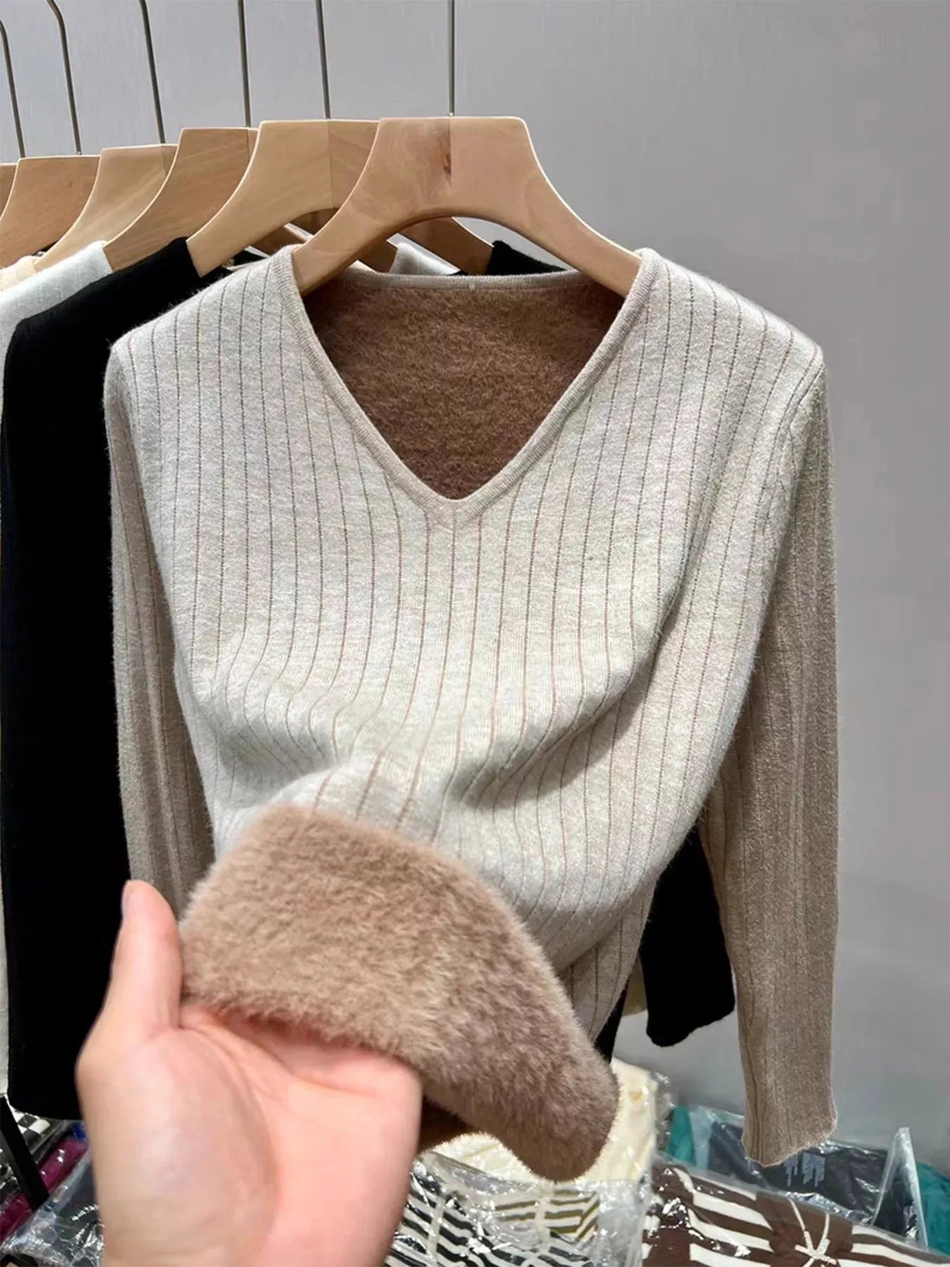V-Neck Fleece Lined Ribbed Knit Top Simply Love