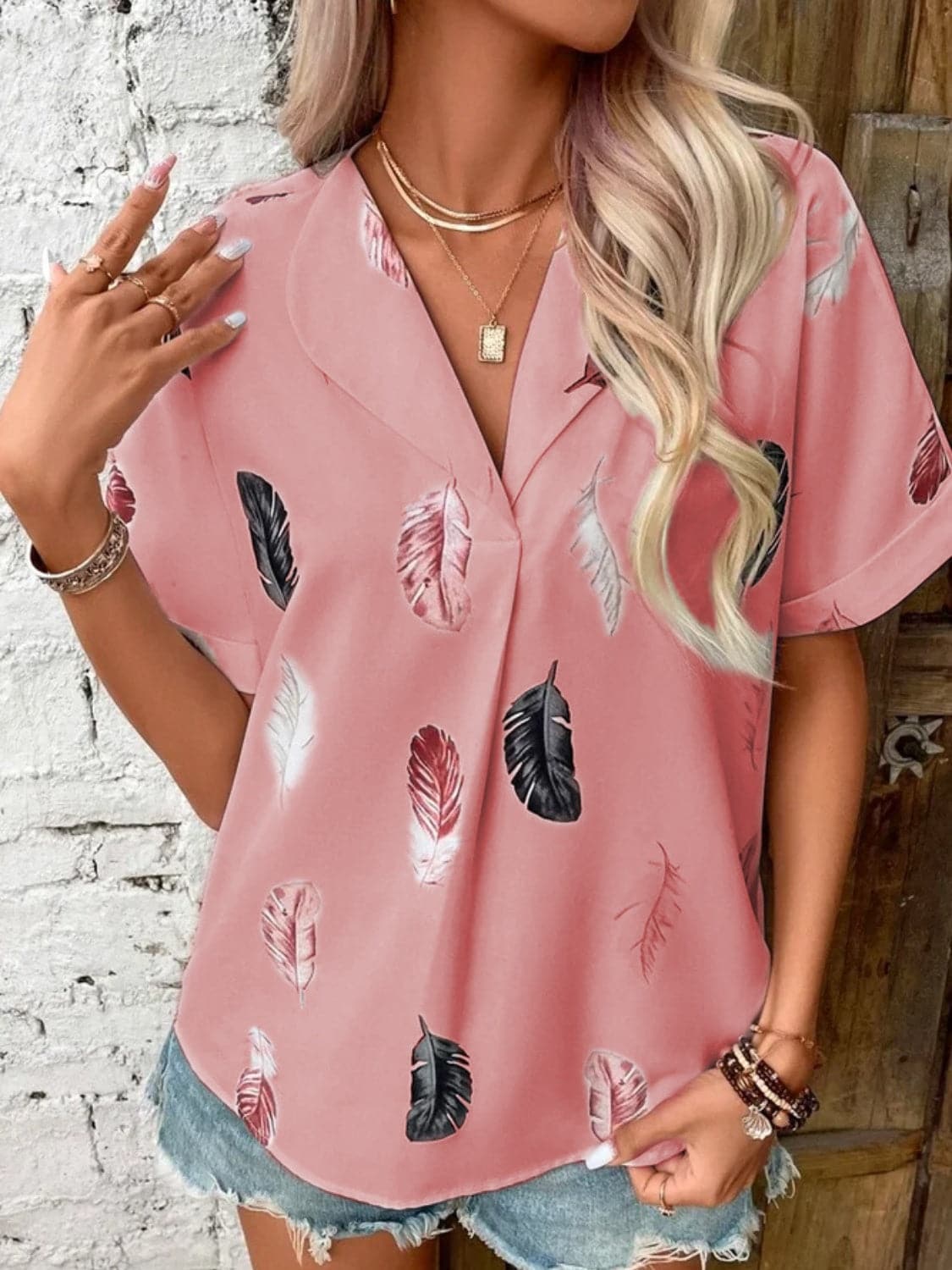 Full Size Printed Collared Neck Short Sleeve Blouse.