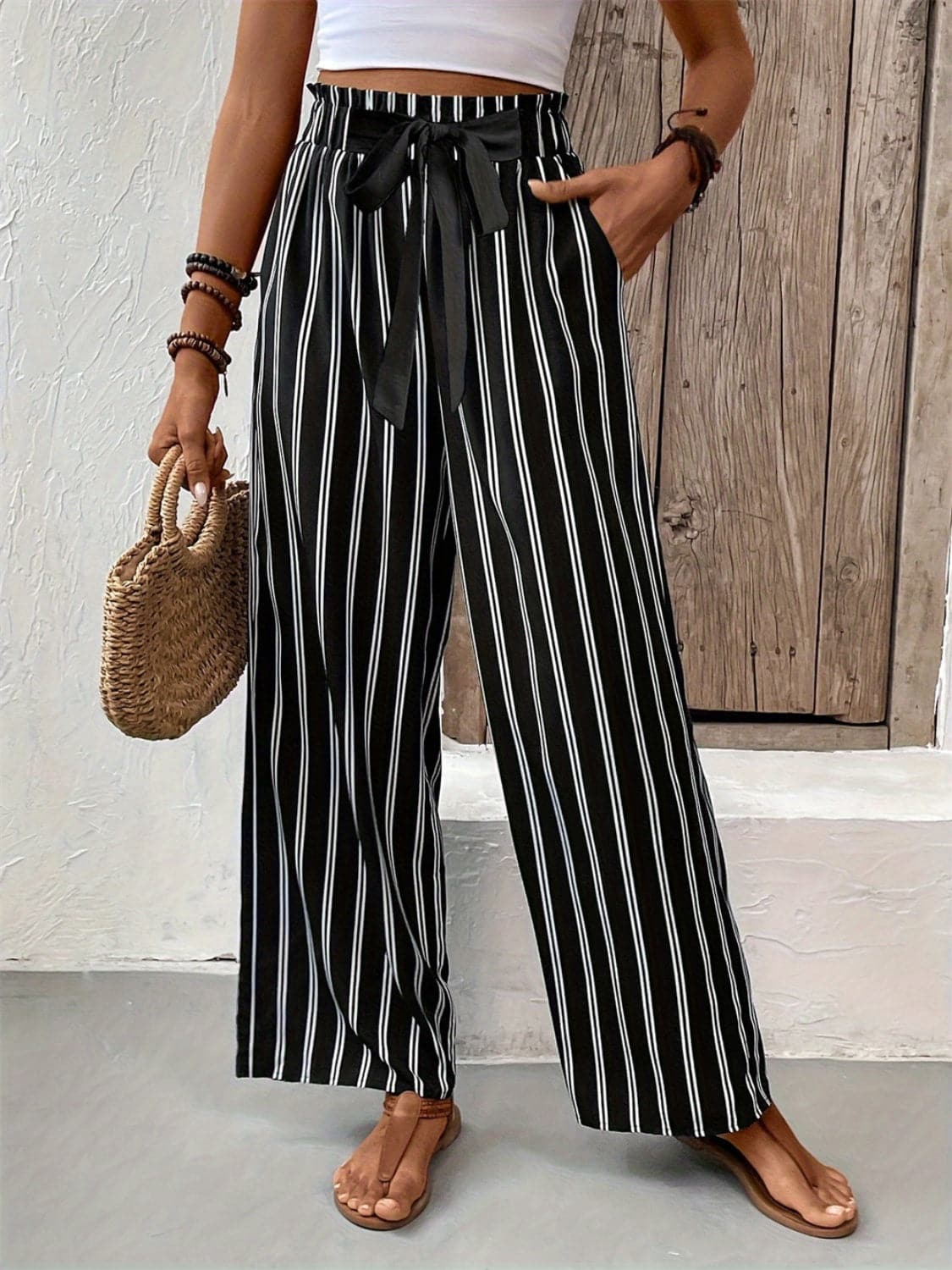 Striped High Waist Wide Leg Pants.