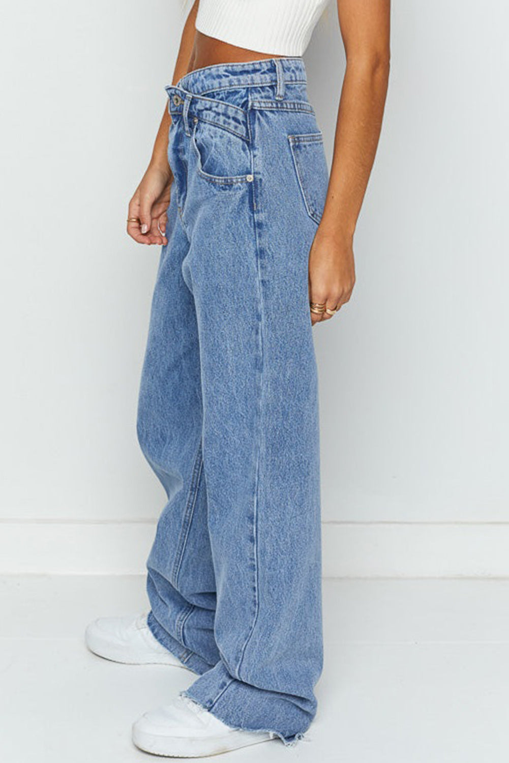 Blue Mid Rise Asymmetrical Waist Wide Leg Jeans for Women