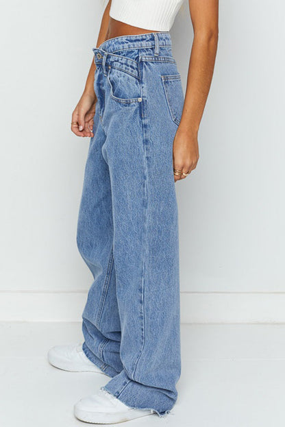 Blue Mid Rise Asymmetrical Waist Wide Leg Jeans for Women