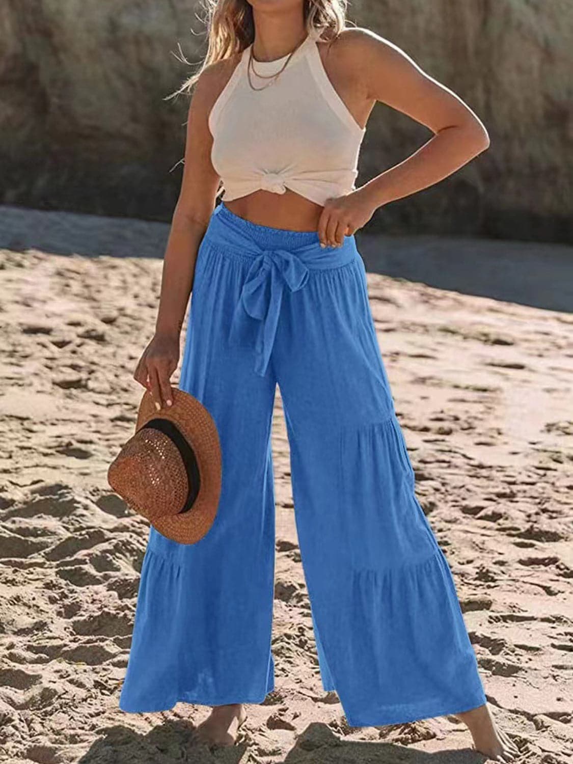 Tied Ruched Wide Leg Pants.