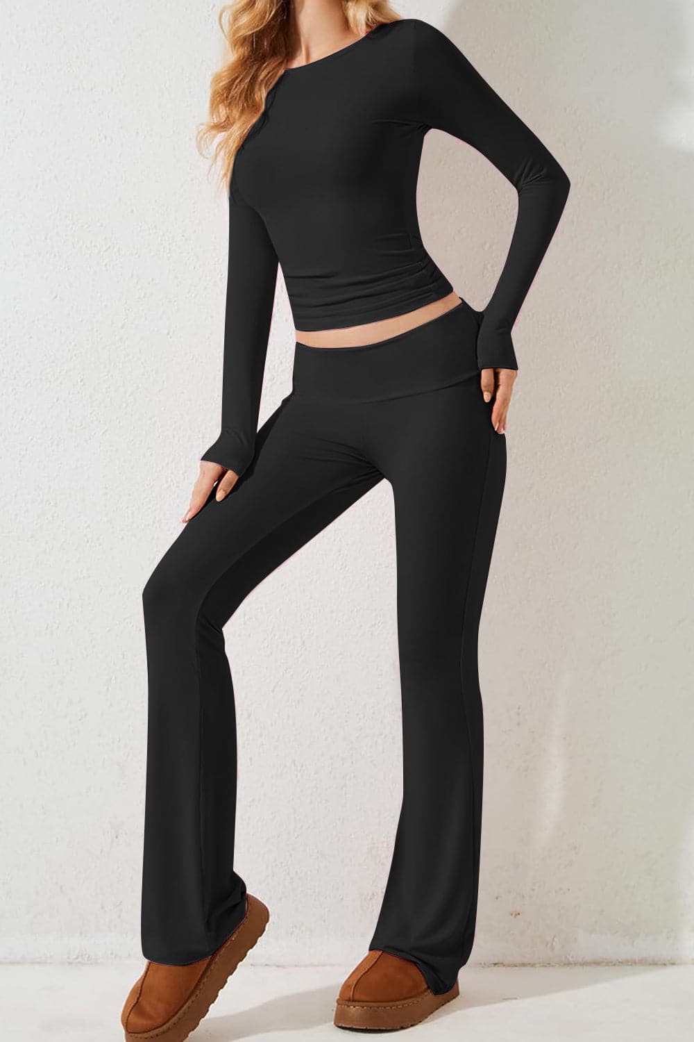 Round Neck Long Sleeve Top and Pants Set.