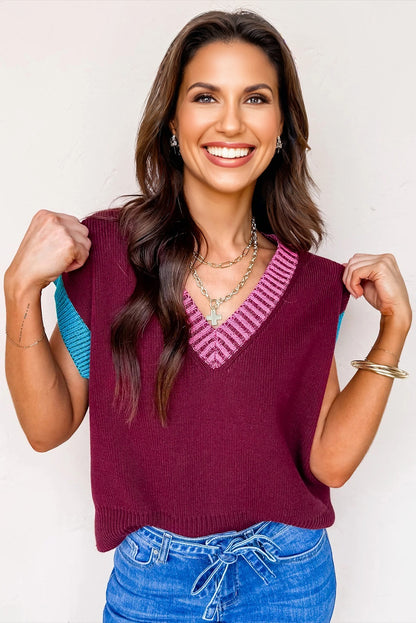 Burgundy Contrast Trim V Neck Short Sleeve Loose Sweater