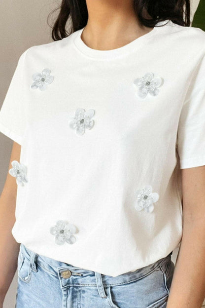 Flower Round Neck Short Sleeve T-Shirt.