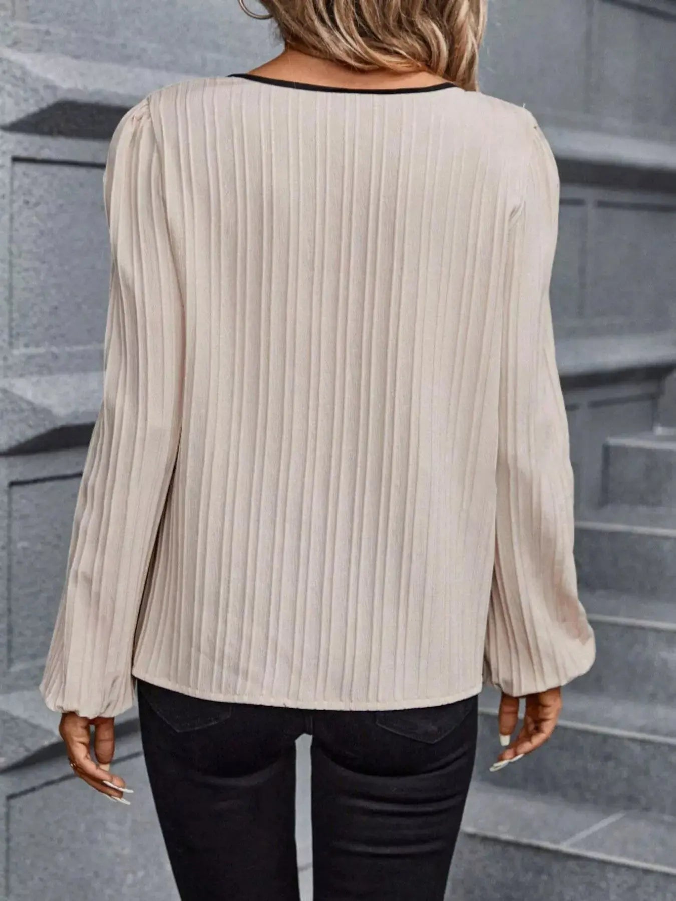 Contrast Notched Long Sleeve Blouse Simply Love
