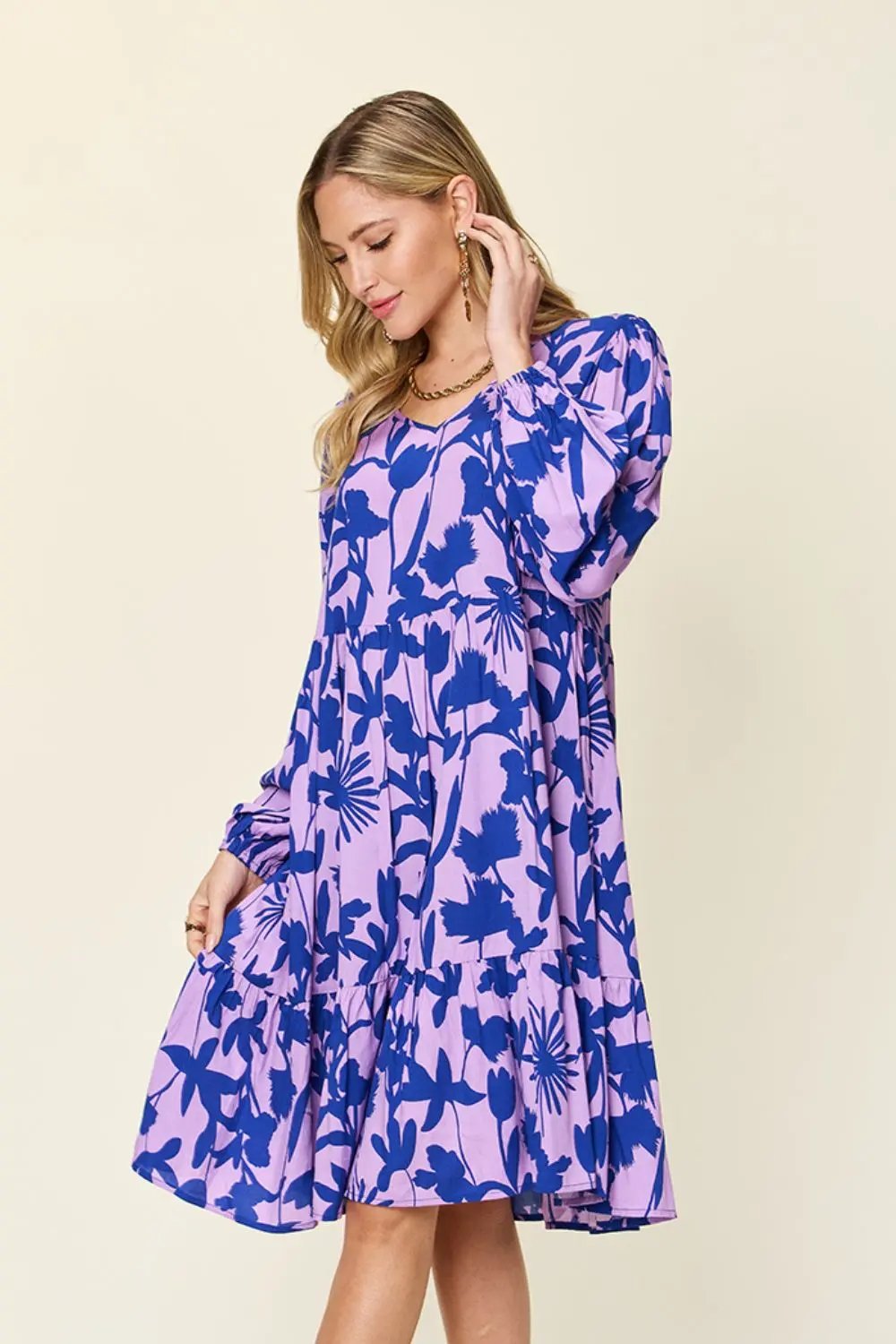 Double Take Full Size Printed Ruffle Hem Long Sleeve Dress - Love Salve
