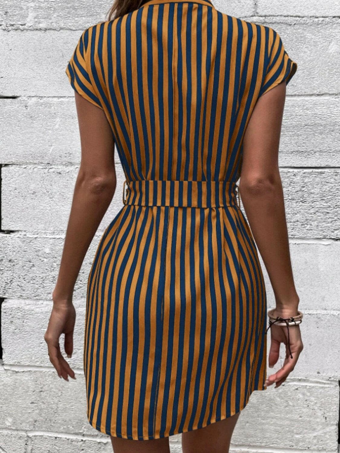 Tied Striped Cap Sleeve Mini Dress.