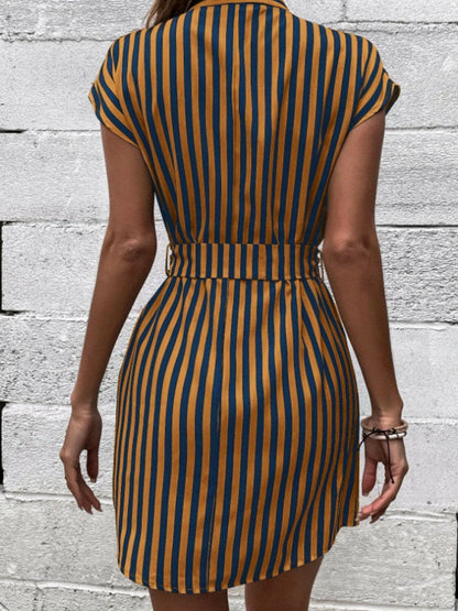 Tied Striped Cap Sleeve Mini Dress.