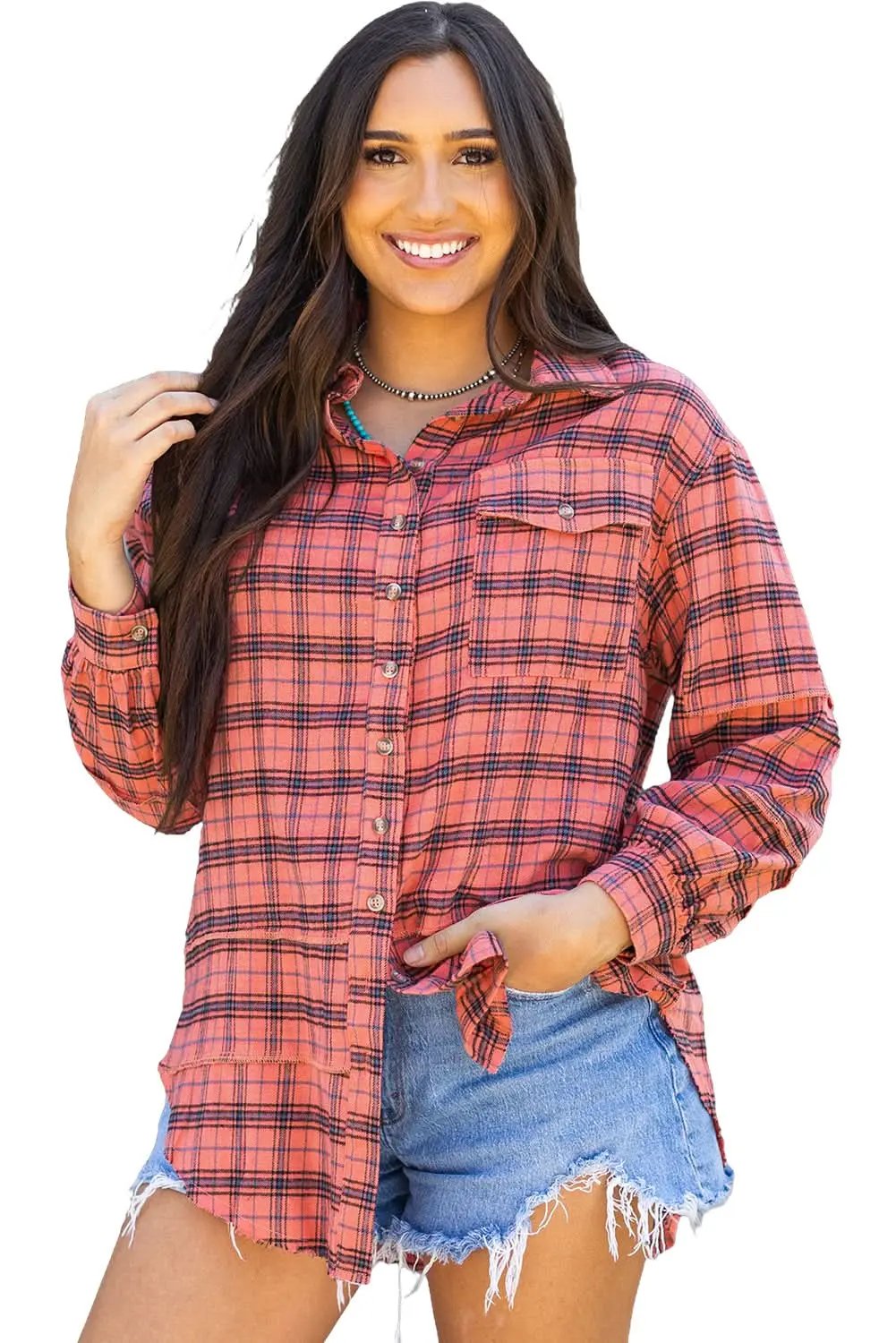 Red Plaid Long Sleeeve Side Split Distressed Hem Shirt - Love Salve 