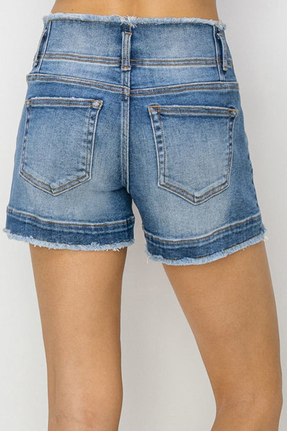 RISEN High Rise Seam Detailed Raw Edge Denim Shorts.