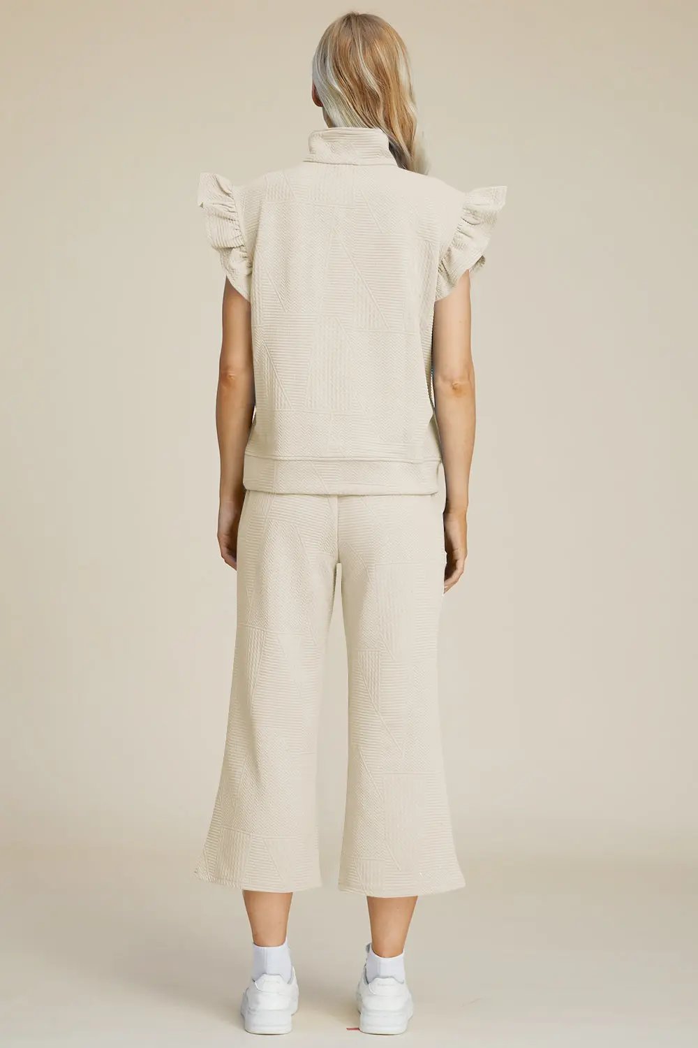 Double Take Full Size Texture Ruffle Short Sleeve Top and Wide Leg Pants Set - Love Salve