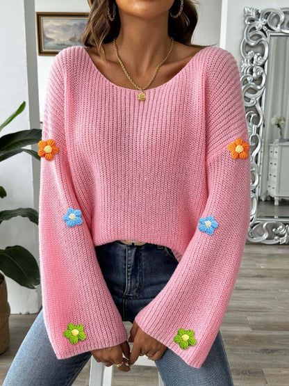 Floral print long sleeve sweater with a round neck