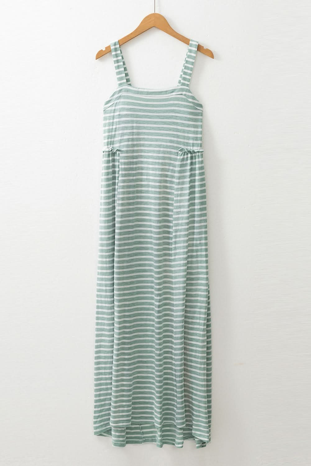 Shirred High Waist Green Striped Maxi Dress with Frills and Sleeveless Design