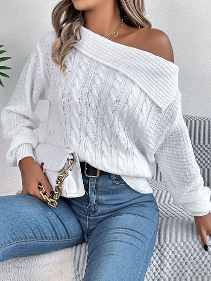 Asymmetrical cable-knit long sleeve sweater