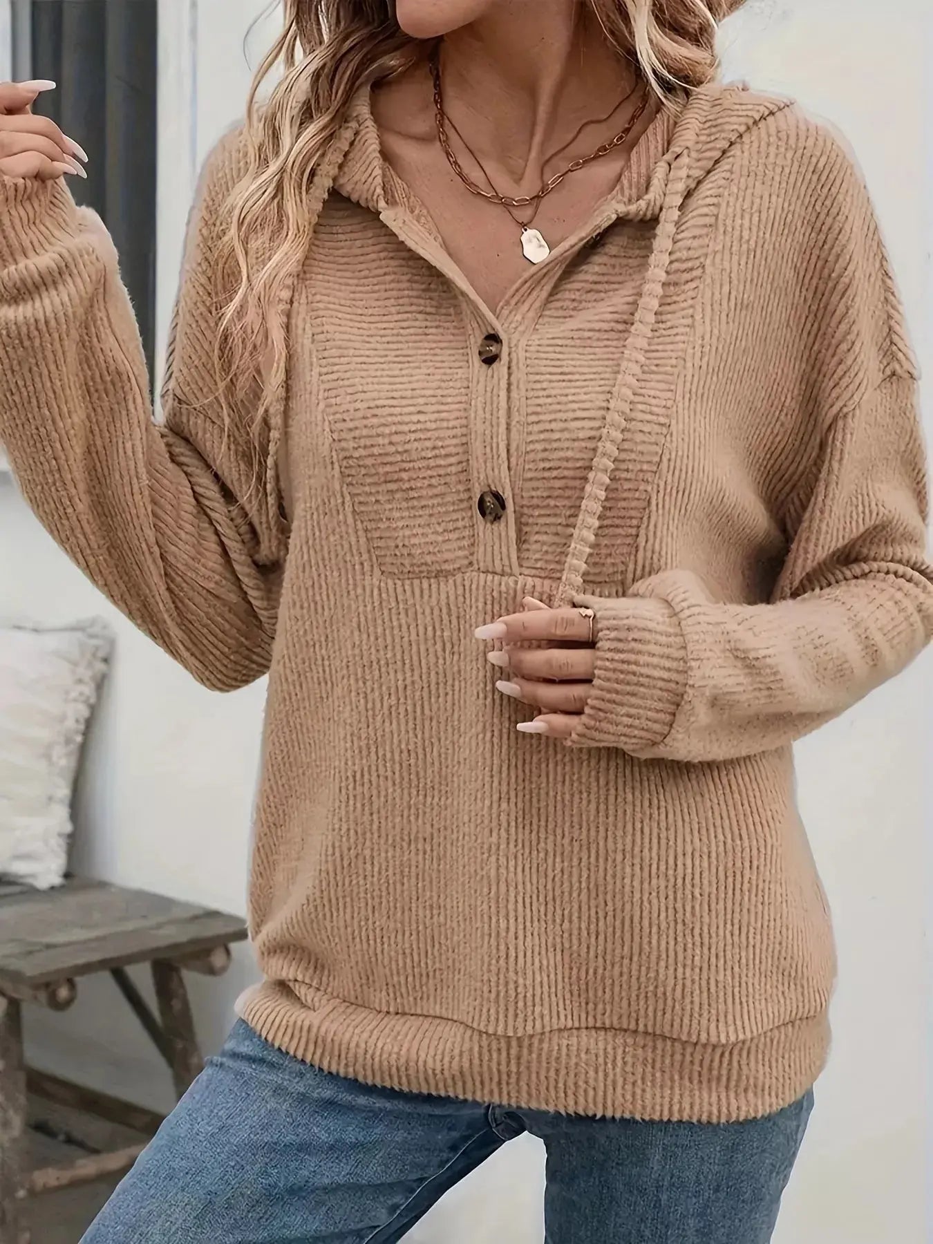 Button-Front Drawstring Hoodie Simply Love