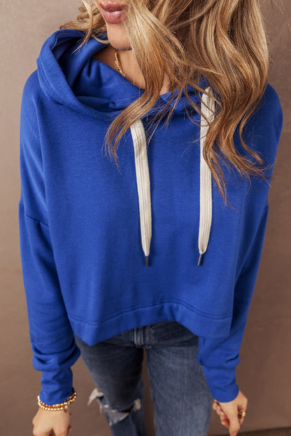 Chic dark blue cropped hoodie with drawstring hood and drop shoulder design