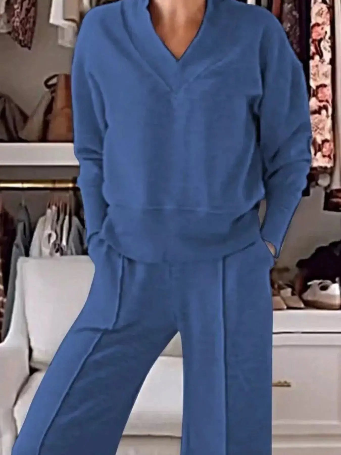 Full Size Cozy V-Neck Top and Pants Set Plus Size Simply Love