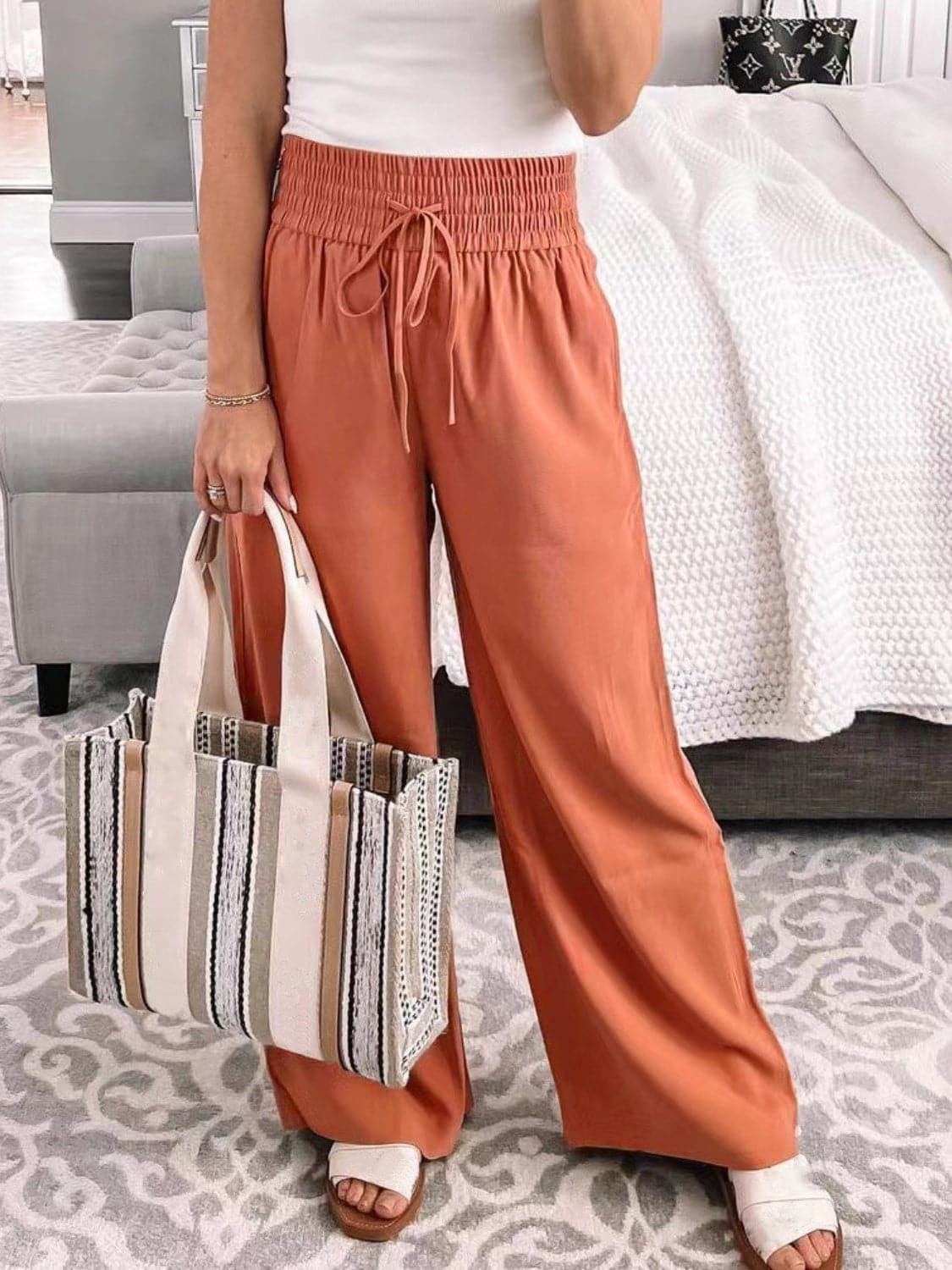 Full Size Drawstring High Waist Wide Leg Pants.