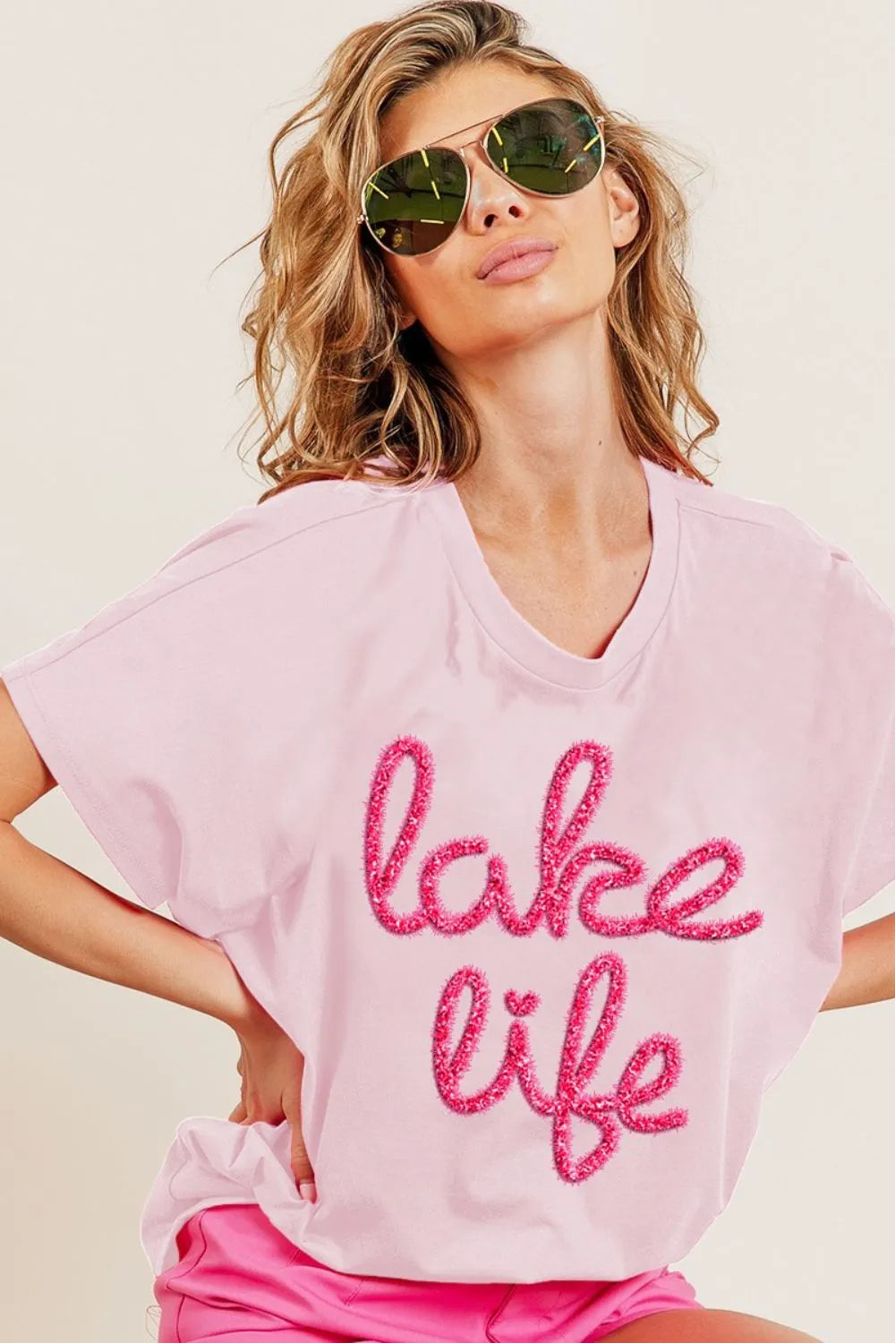 BiBi Metallic Letter Short Dolman Sleeve Top - Love Salve 