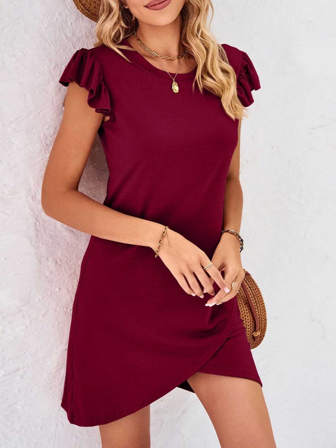 Ruffled Round Neck Cap Sleeve Mini Dress.