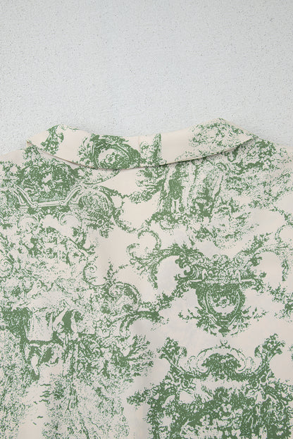 Nature-Inspired Green Print 3/4 Sleeve Sash Shirt