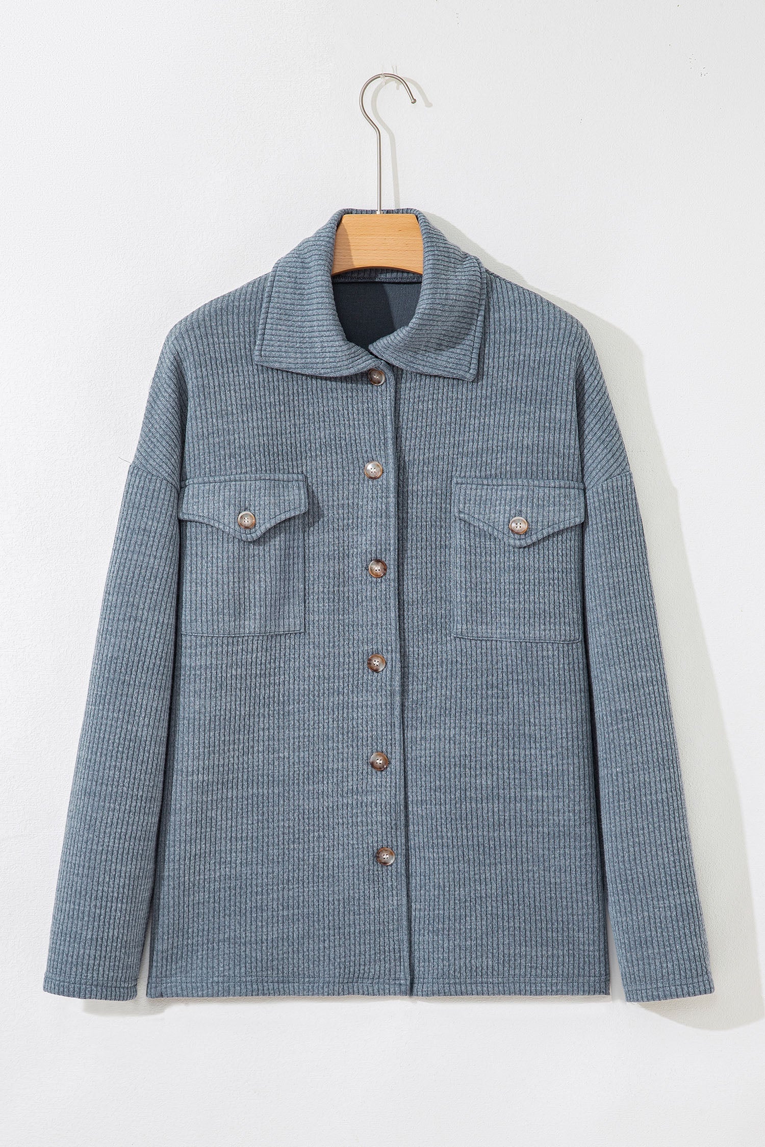 Medium Grey Ribbed Knit Shacket With Button Front Flap Pocket Casual Dear-Lover Dropshipping