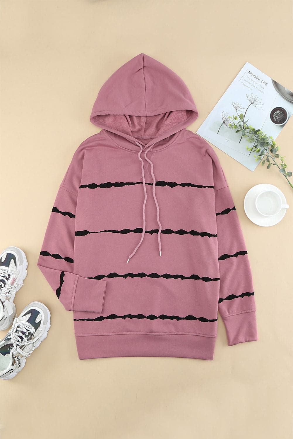 Drawstring Striped Dropped Shoulder Hoodie.