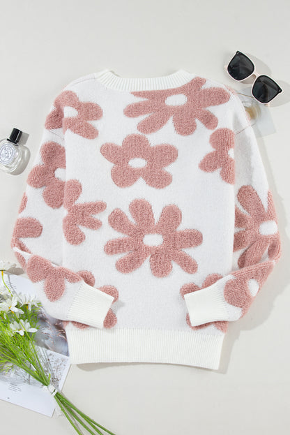 Floral-inspired white drop shoulder sweater for relaxed winter vibes