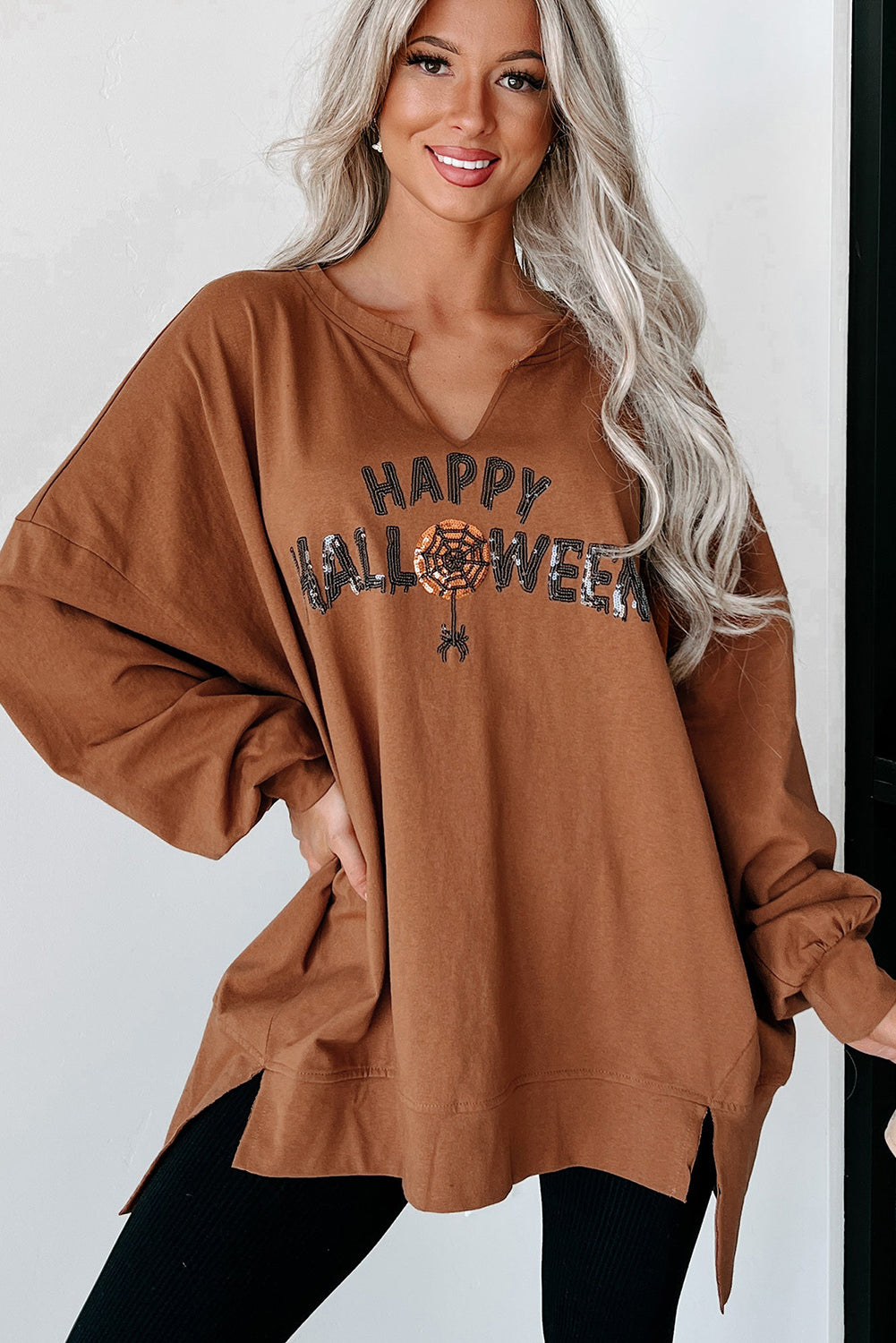 Chic chestnut Halloween top with sequin graphic and long sleeves