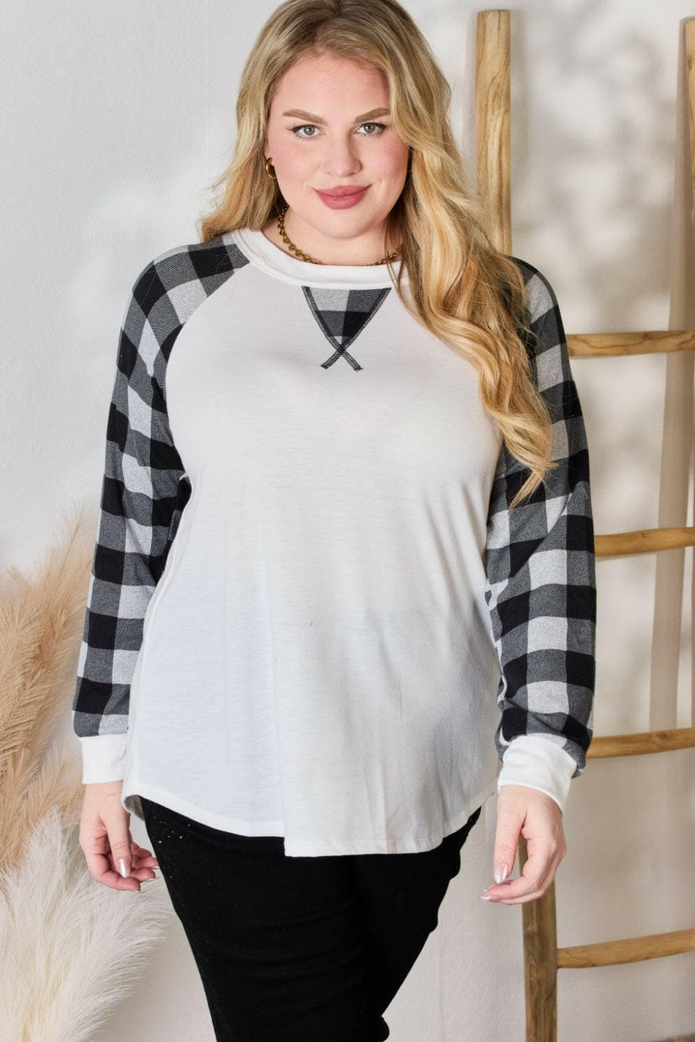 Hailey & Co Full Size Plaid Raglan Sleeve Round Neck BlouseUpgrade Your Style with Hailey &amp; Co Plaid Raglan Sleeve Blouse
 Revamp your wardrobe with our Full Size Plaid Raglan Sleeve Round Neck Blouse by Hailey &amp; Co.Love Salve Full Size Plaid Raglan Sleeve Round Neck BlouseBlouses