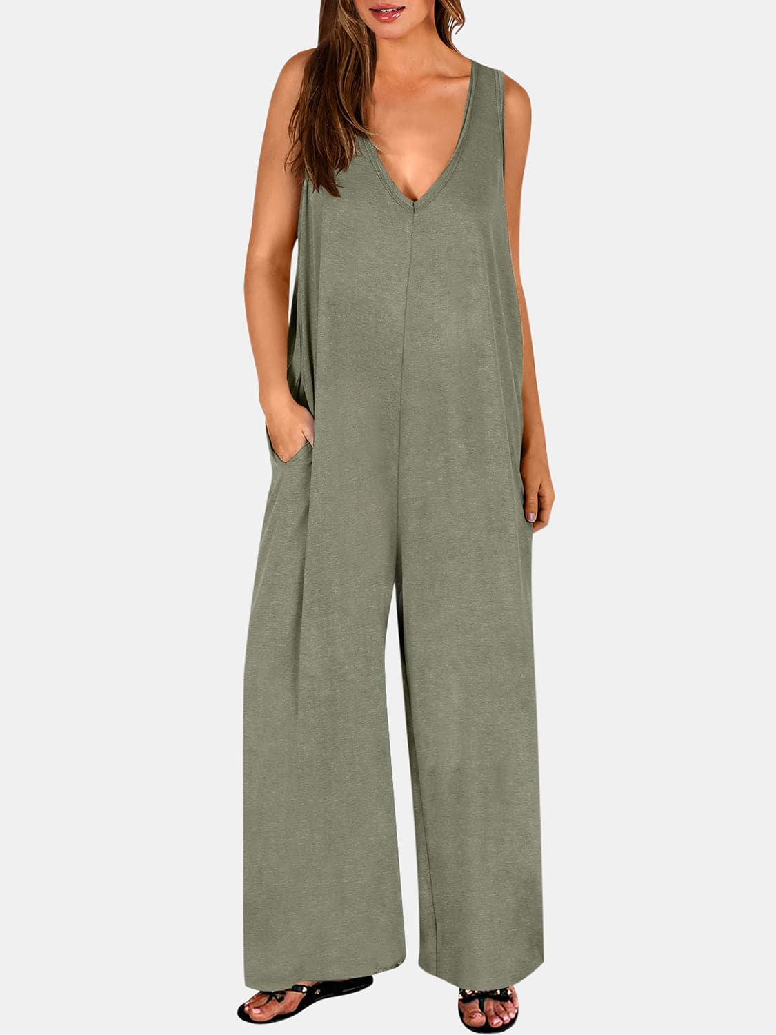 Full Size V-Neck Wide Strap Jumpsuit.